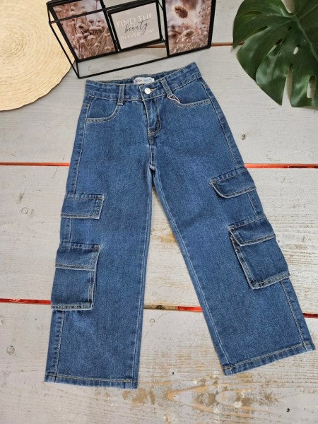 Cargo Jeans Meisjes | Wijde Denim Broek met Zakken