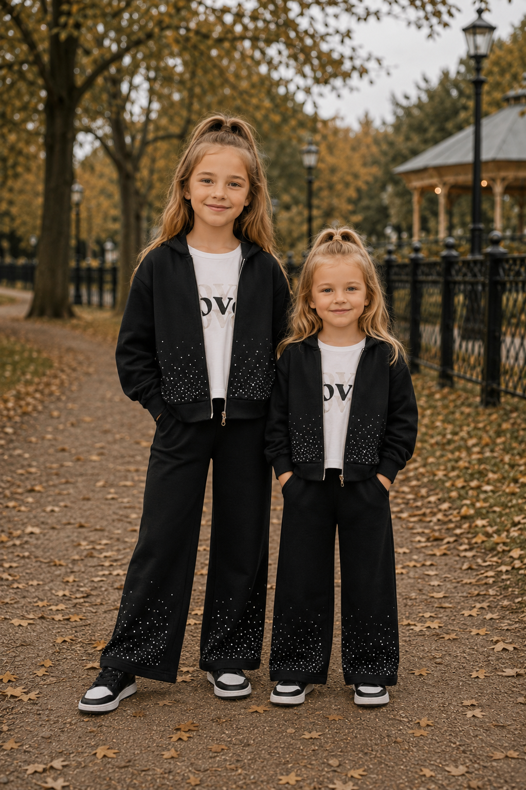 Meisjes Set – Zwart Strass Trainingspak (Vest + Broek + T-shirt)