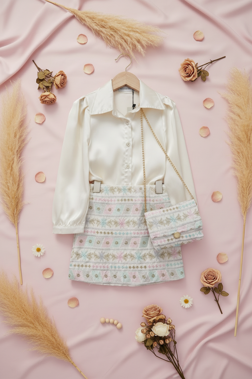 Meisjesset Witte Blouse & Geborduurde Rok met Tasje