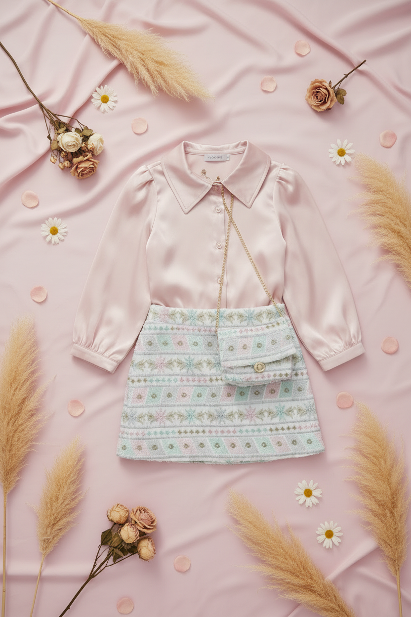 Meisjesset Roze Blouse & Geborduurde Rok met Tasje