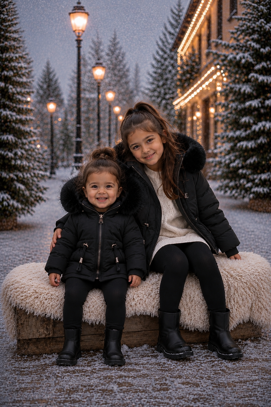 Zwarte Baby & Kinder Winterjas met Bontkraag