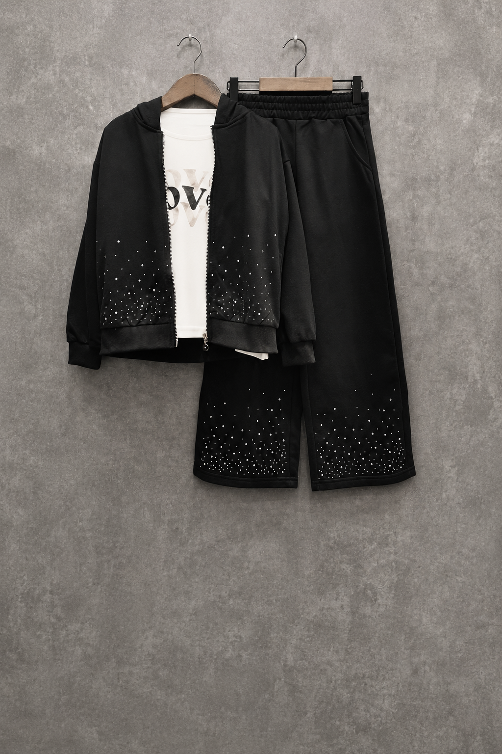 Meisjes Set – Zwart Strass Trainingspak (Vest + Broek + T-shirt)
