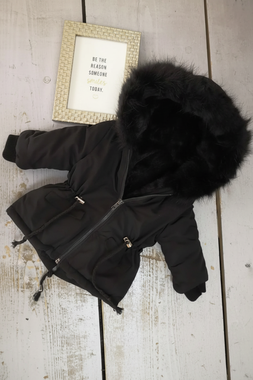 Zwarte Baby & Kinder Winterjas met Bontkraag