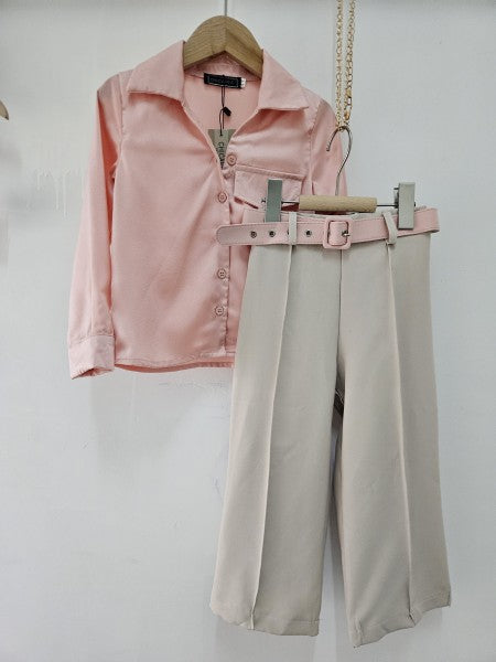 Roze Linen Set – Blouse & Broek met Riem