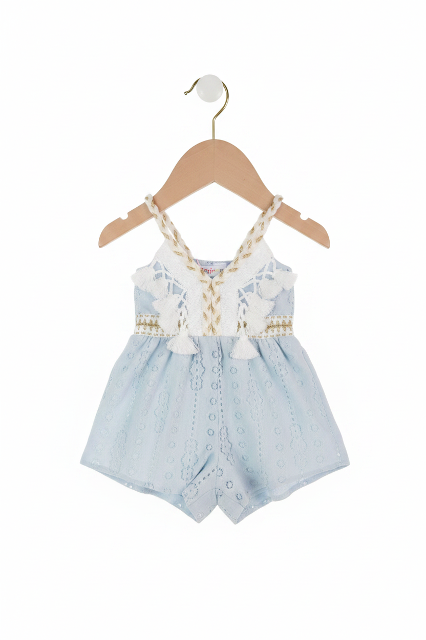 Lichtblauwe Ibiza Boho Romper | Broderie Anglaise | Baby & Peuter